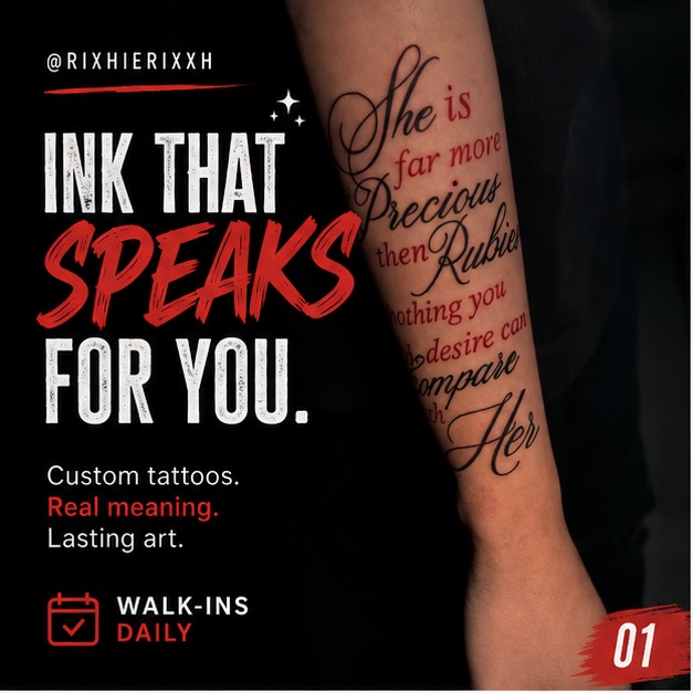 Whether you’re looking for bold lettering, fine line, color, black & grey, or a custom design built just for you, I’m he